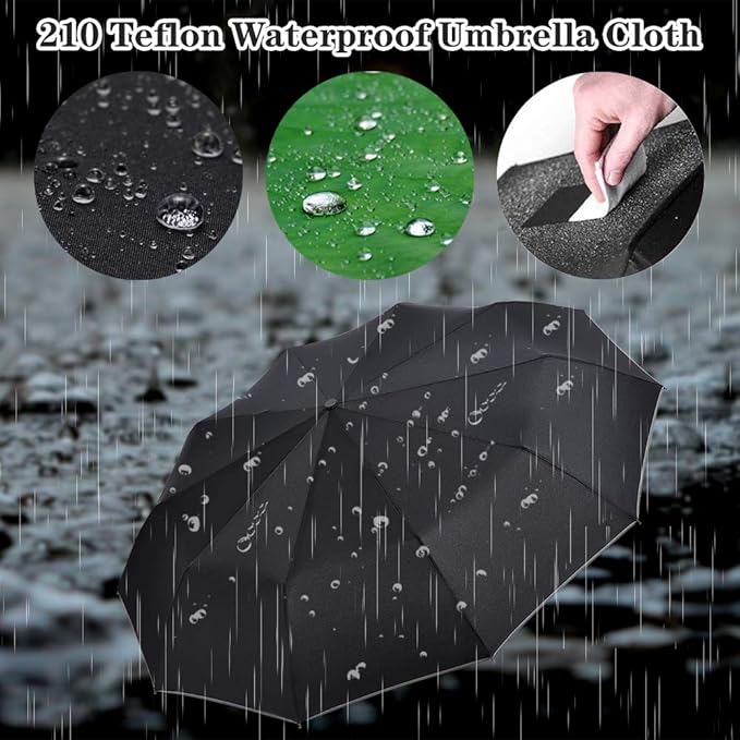 FDJASGY Windproof Travel Umbrella with Teflon Coating Auto Open Close Lightweight Sun&Rain Umbrella with 10 Rib Construction and Reflective Stripe Zipper Pouch