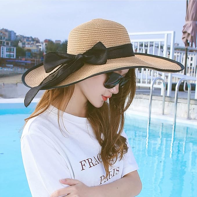 DRESHOW Beach Hats for Women Big Straw Wide Brim Summer Hat Floppy Foldable Roll up Cap Sun Hat UPF 50+
