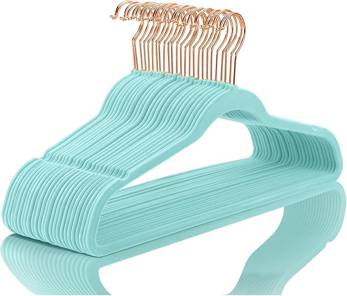 MIZGI Premium Velvet Hangers - Heavy Duty Non Slip Felt Hangers (50 Pack) - Aqua Blue & Rose Gold Hooks, Space Saving & Durable for Suits & Coats