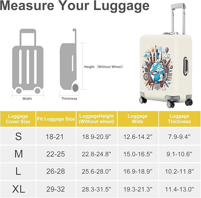 ANNA QUEEN Travel Around the World Luggage Cover, Colorful Landmark Suitcase Protector with Airplane & Globe Design, Stretchable, Washable Travel Sleeve for 28-30 Inch Luggage