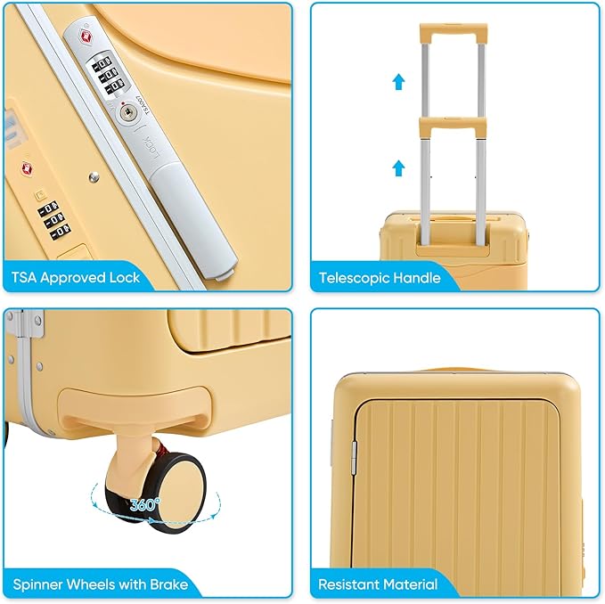 TABU 20" Ride-on Luggage with Seat，Front Opening Carry-On Hardshell Ride On Suitcase with Built-in Charging Port, 360° Lockable Spinner and TSA Lock, for Kids & Adults, Yellow