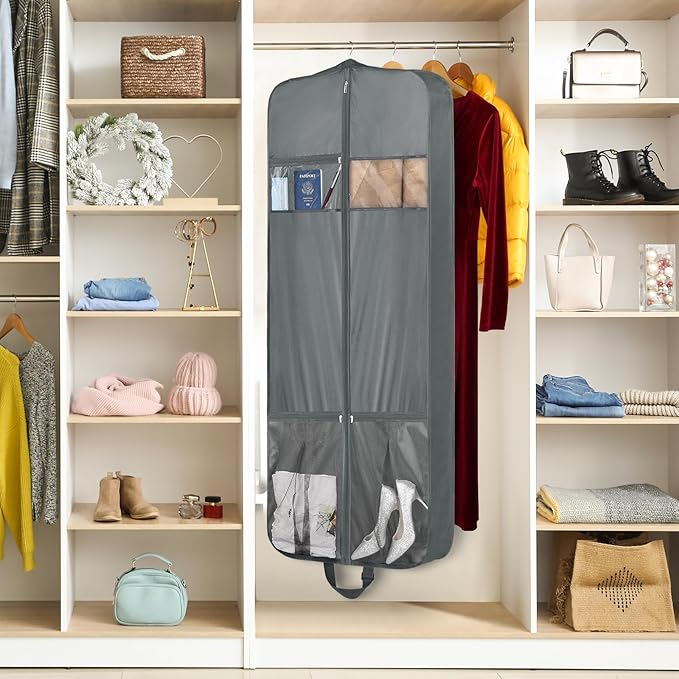 Zilink 60" Long Garment Bags for Travel Waterproof Dress Bags for Gowns Hanging Dress Bags for Closet Storage with Adjustable Handles and Stable Buckles for Dresses Suit Coats Tuxedos, Grey