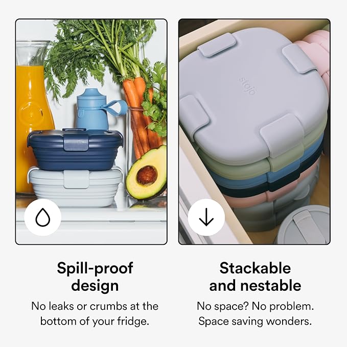 STOJO Collapsible Sandwich Box – 24oz, Reusable Food Storage Container, Silicone Bowl for Hot/Cold Food – Meal Prep, Lunch, Camping, Hiking – Dishwasher Safe (Set of 5, Eucalyptus)