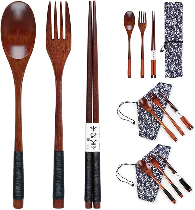 Wooden Chopsticks Spoon Fork Set Japanese Style Tableware Travel Utensils with Pouch for Camping,Picnic,Office or Home (Style A)