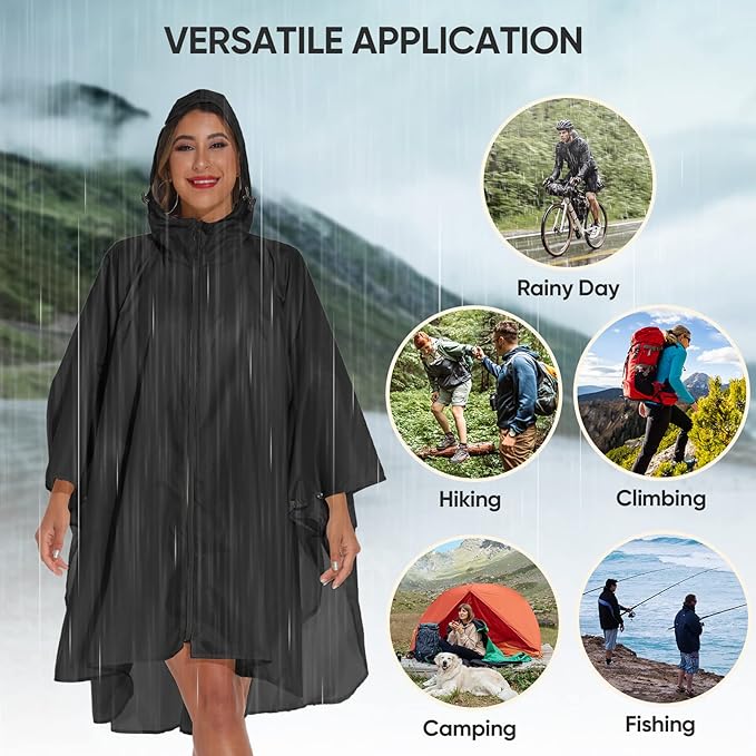 PTEROMY Hooded Rain Poncho for Adult with Pocket and Zipper, Waterproof Lightweight Raincoat for Men and Women