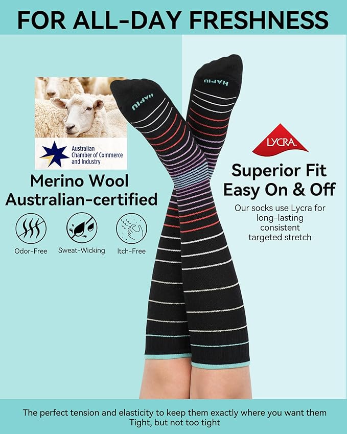 HAPIU Merino Wool Soft Compression Socks for Women & Men, 15-20 mmHg, Plus Size Knee High Stocking for Nurses, Pregnancy, Travel, Flight, Medias de Compresión Mujer