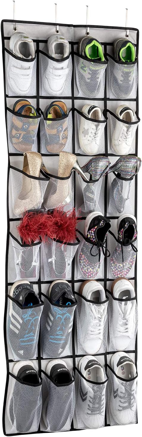 Over The Door Shoe Organizer, Hanging Shoe Organizer with 24 Mesh Large Pockets Door Shoe Rack Organizer for Men Women Kids Hanging Shoe Storage Bag.(White
