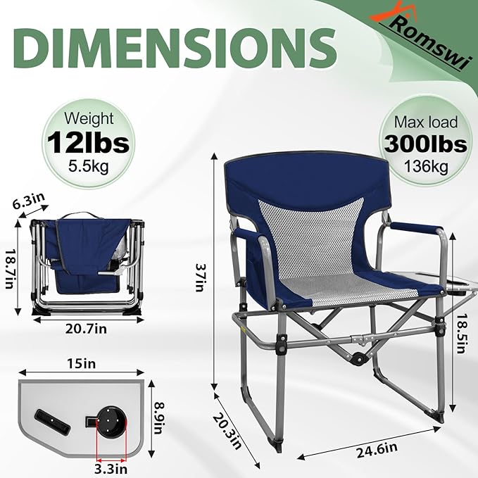 Romswi 2PK Folding Director Chairs, Camping Chair for Outdoor, Compact Directors Chair with Side Table Side Bag, Heavy Duty Oversize Seat for Beach Fishing Picnic Chairs, Holds up to 300 lbs Blue