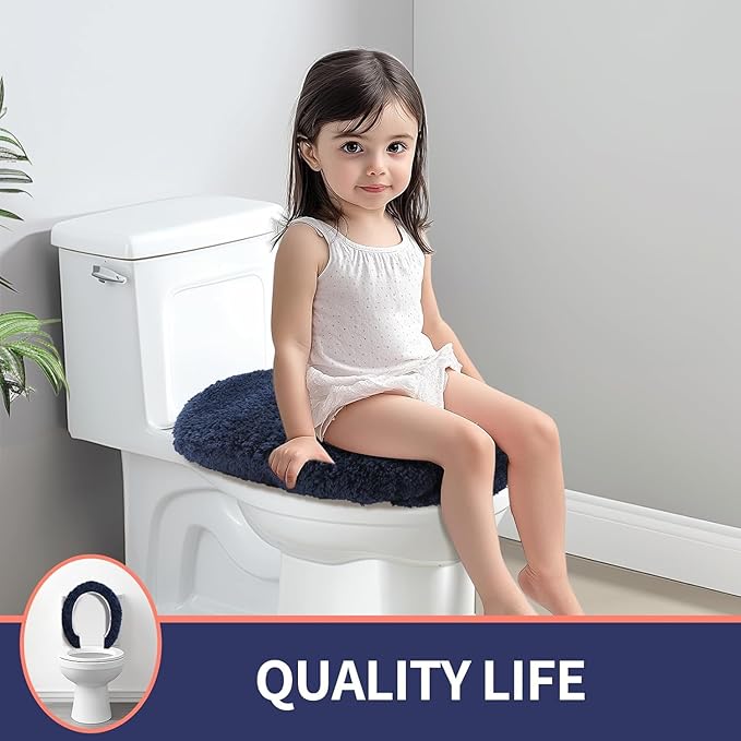 Microfiber Elongated Toilet Seat Cover 19.5"x 15" Machine Washable Solid Toilet Lid Cover Adjustable Rubber Backing Fits Most 18-19.5" L x 14-16" W Elongated Toilet Seat