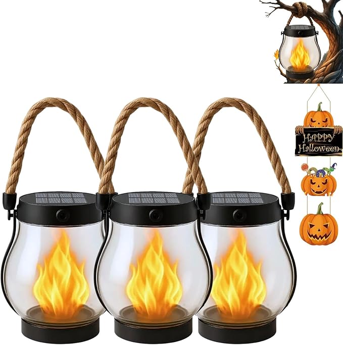 Solar Lantern Outdoor Lights, Flickering LED with Hemp Rope Handle, Dual Charging (Solar & USB), Water-Resistant Hanging Decor for Garden, Yard, Patio, Porch, Pathway, Camping (3)