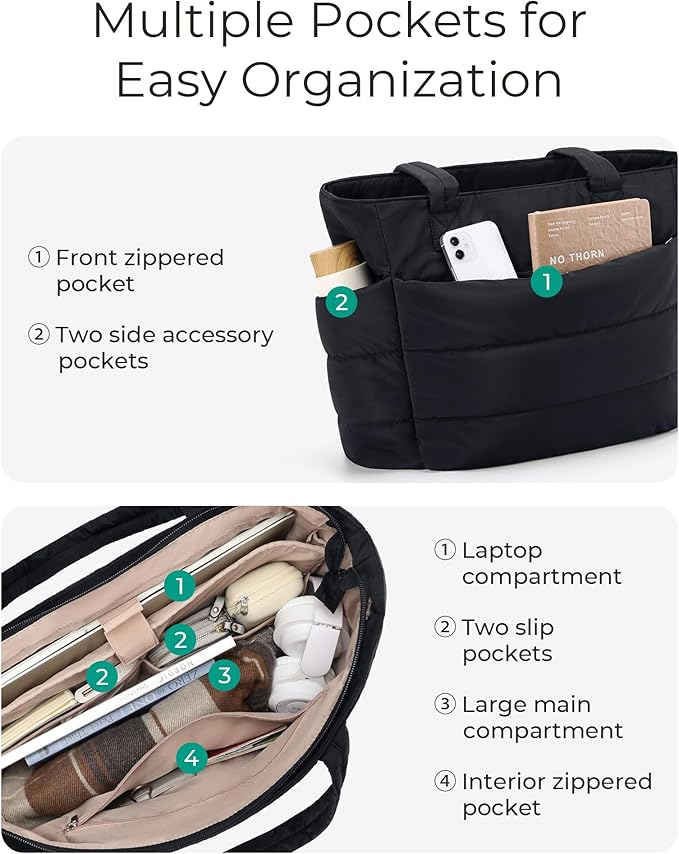 BAGSMART Tote Bag for Women, Lightweight Puffy Tote Bag with Compartments Shoulder Bag Handbag for Travel, Work, Gym,