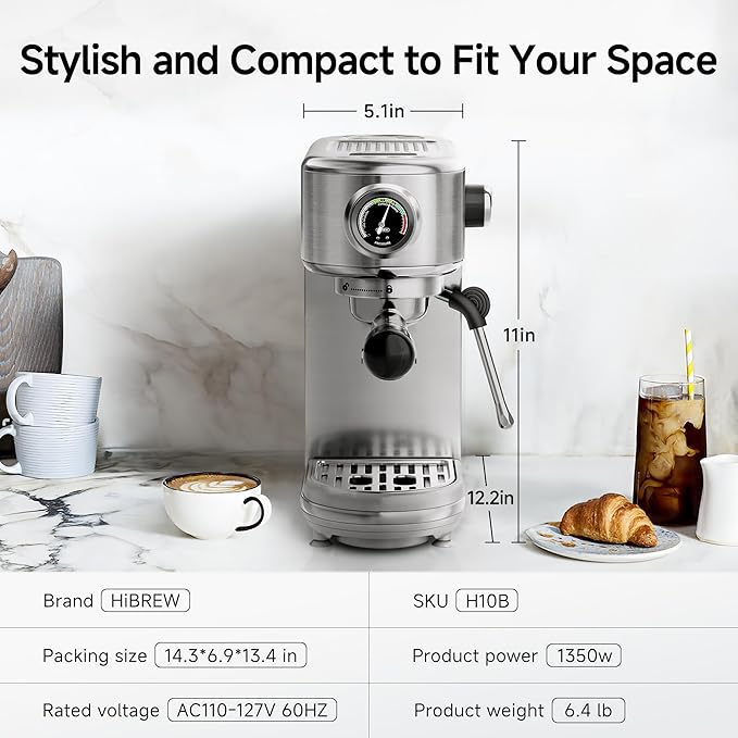 HIBREW H10B - 51mm Espresso Machine - Temperature & Cup Volume Adjustable at will - With Intelligent Display Screen & Pressure Gauge - Stainless Steel Body(Metallic Grey)