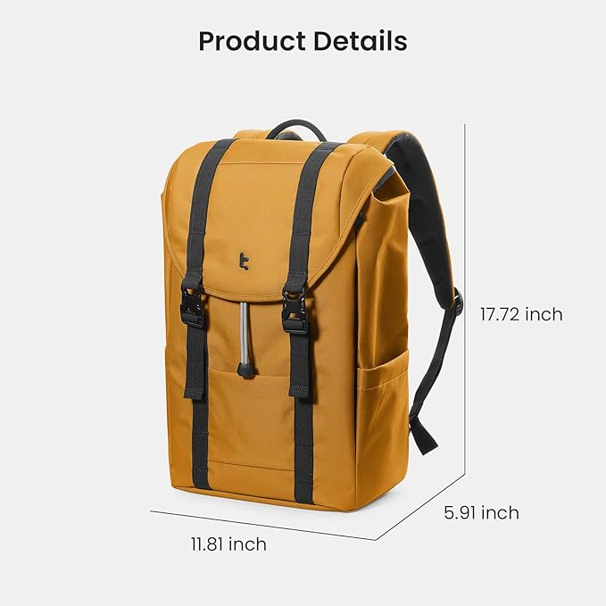 tomtoc Flap Laptop Backpack, Lightweight, Water-Resistant Casual Daypack, Durable Work-pack, Vintage Classic Rucksack for 13-15.6 Inch Laptop, perfect for Campus, Street, 22L Yellow