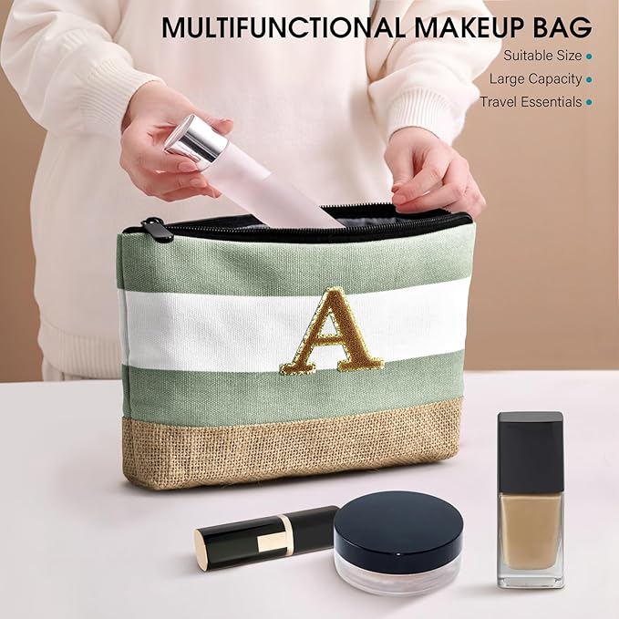 Becokan Beach Bag Initial Beach Tote with Makeup Bag for Travel Work Storage Personalized Birthday Gifts for Women Her