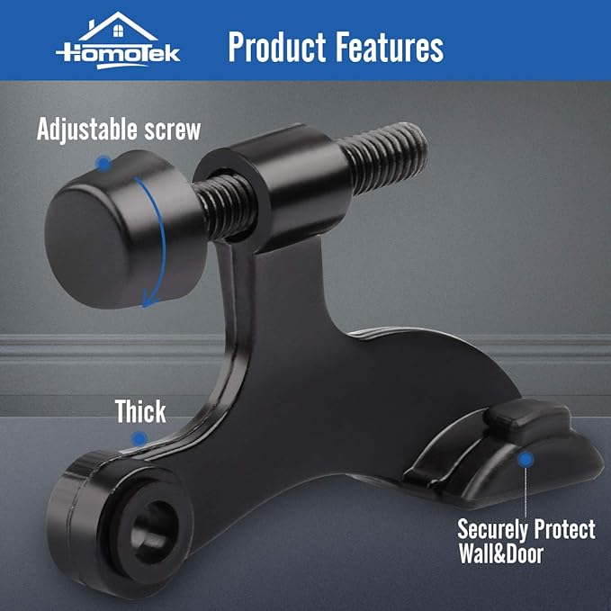 HOMOTEK 2 Pack Hinge Pin Black Door Stopper,Adjustable Deluxe Heavy Duty Door Stopper 2-1/2"x1-3/4”,with Black Rubber Bumper Tips