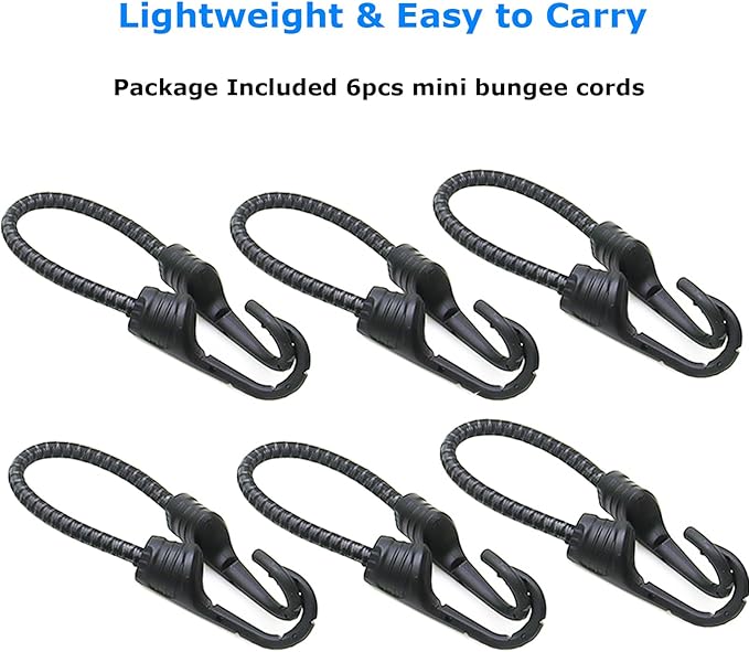 Bungee Cords with Dual Hooks, 12inch 6Pack Mini Bungee Straps 1/3 Inch Strong Elastic Rope Securing Tie Down for Camping,Tarps, Luggage,Bike Rack, Tent