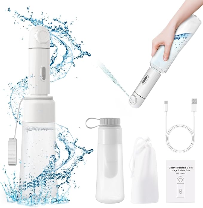 Portable Electric Travel Bidet, 450ML Electric Sprayer Bidet with Built-in Body for Easy Storage, Two Pressure Modes for Personal Hygiene Cleaning for Women and Men, White