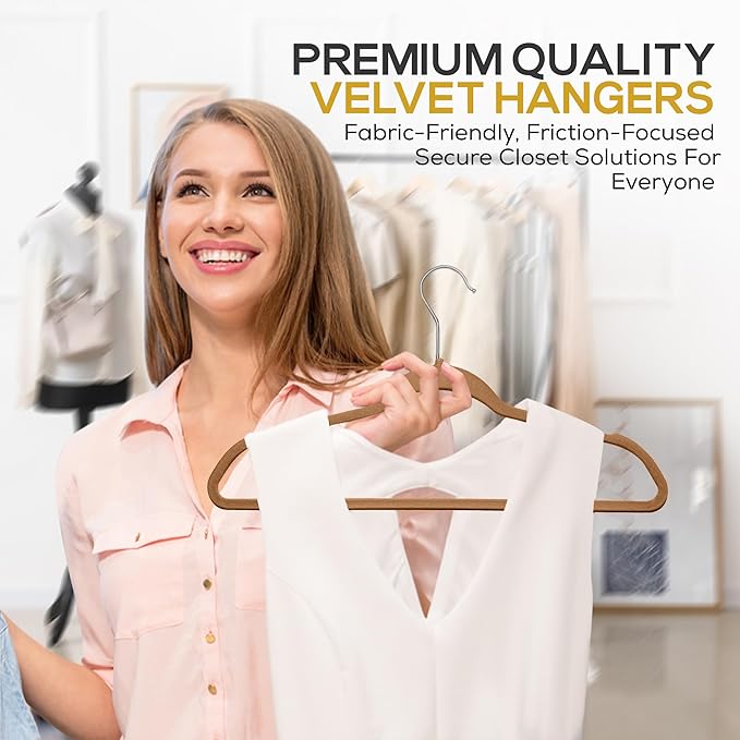 50 Pack New Premium Quality Velvet Hangers Ultra Thin Non Slip Adult Felt Space Saving Hangers for Closet Heavy Duty Coat Pants Jackets Dress Hangers 360° Swivel Hook Hold Upto 10 lbs Bronze