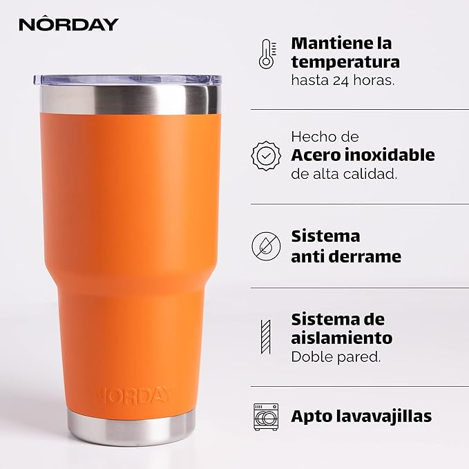 NORDAY | Tumbler with Lid - 30oz - Orange Insulated Tumbler - Stainless Steel Tumblers - Double Wall Vacuum Insulated Travel Coffee Mug for Car Cup Holder - Keeps Temperature for 24hr - Anti Spill Lid