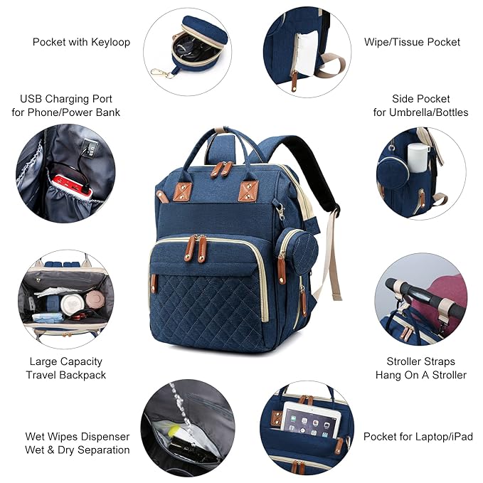 Diaper Bag, Backpack with Changing Station, Waterproof Baby Bag for Boys & Girls, USB Charging Port for Parents, Travel Backpack Baby Essentials & Lovely Baby Shower Gifts,Blue