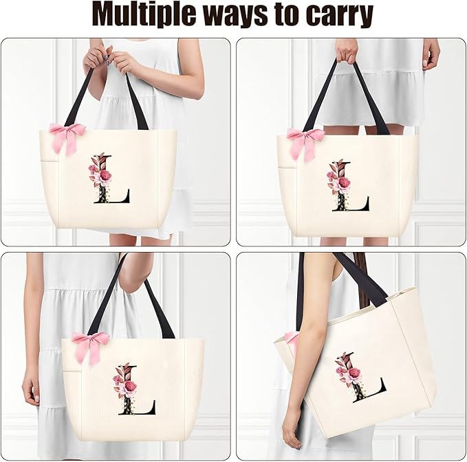 Vavabox Tote Bag, A-Z Initial Monogrammed Waterproof Tote Bag, Bridesmaid Gifts for Women, Black and Pink