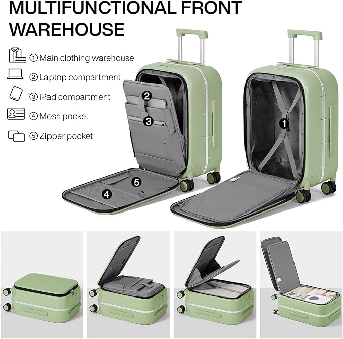 mixi Carry On Luggage, 20'' Suitcase with Front Laptop Pocket, Travel Rolling Luggage Aluminum Frame PC Hardside with Spinner Wheels & TSA Lock and Cover - Avocado Green