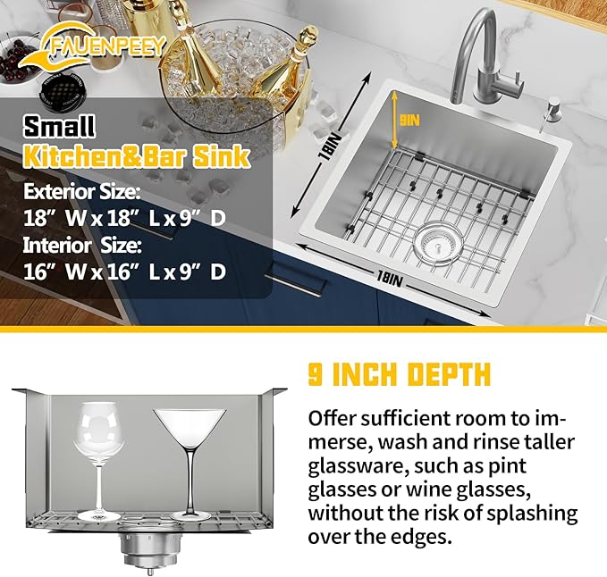 Small Kitchen Sink,18x18 In Bar Sink Stainless Steel Undermount Small Kitchen Sink Ideal Choice For Small Space Nice As Undermount Prep Sink,RV Kitchen Sink With Bottom Grid,Silicon Mat And Drain Set