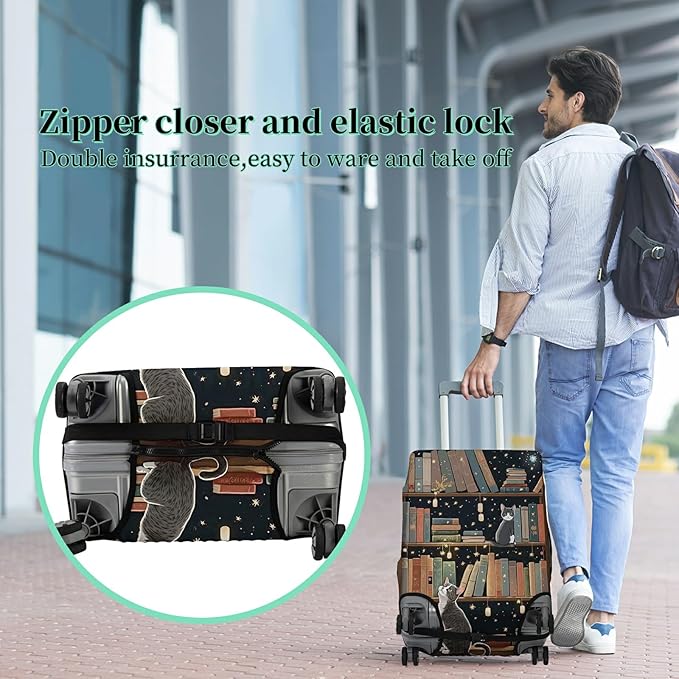 Luggage Cover + Tag, Cat Library Travel Suitcase Protector for 30 inch Luggage (XL) with Concealed Zipper, Washable Elastic Cloth, Dustproof, Anti-Scratch