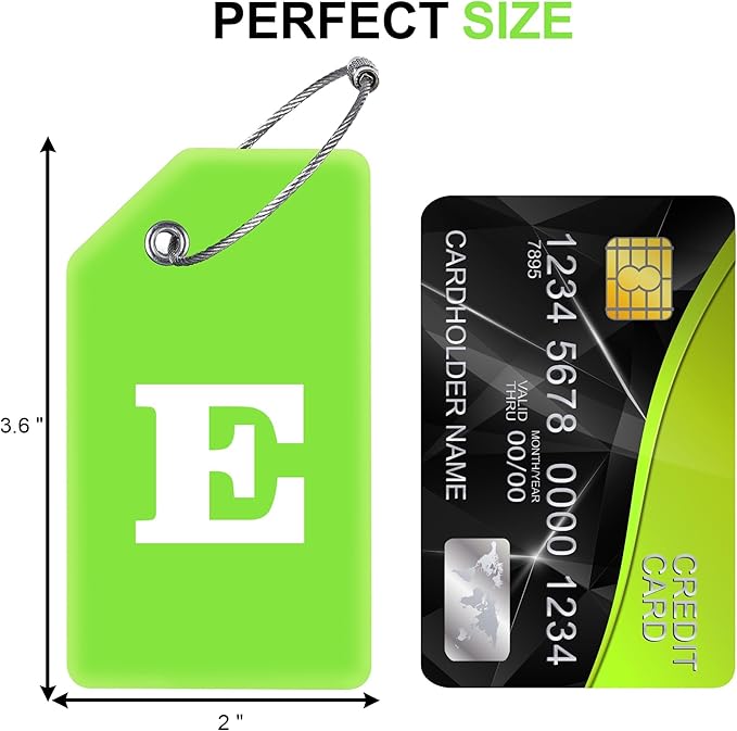 8 Pcs Luggage Tags for Suitcases, 26 Initial Letter Travel Luggage Baggage Identification Labels ID Tags Fully Bendable Tags with Stainless Steel Loop (Letter E, Green)