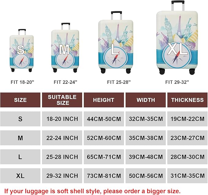 WUJIAONIAO Travel Luggage Cover Baggage Suitcase Cover Protector Skins 18-32 Inch (compass, S (for 18-20 inch luggage))