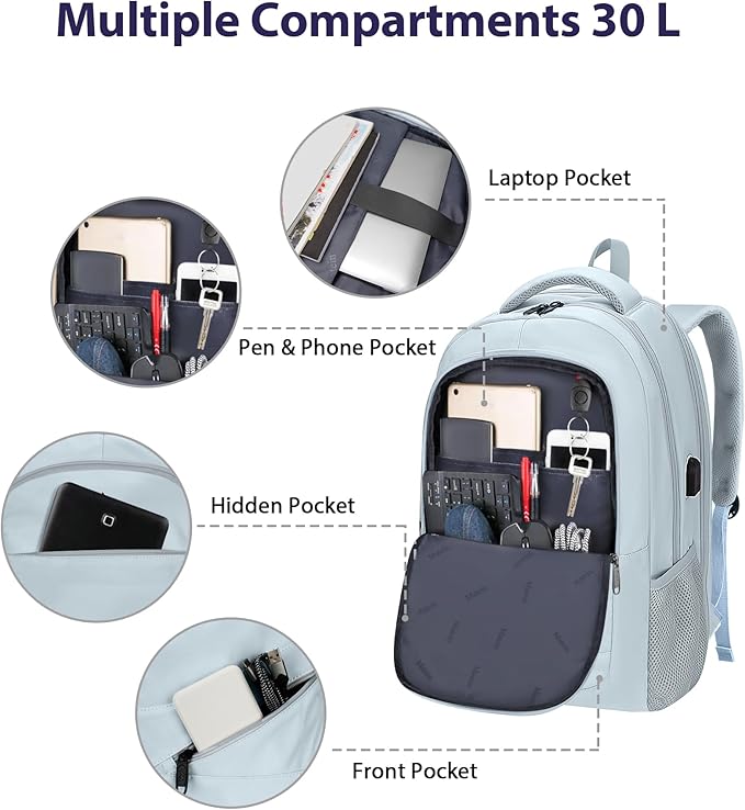 MATEIN College Backpack Women, 17 Inch Large Capacity School Laptop Bookbag with USB Port for Teachers, Water Resistant Nursing Work Computer Backpack, Multiple Pockets Travel Daypack, Haze Blue