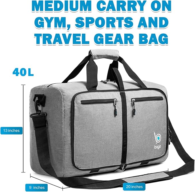 Bago Foldable Duffel Bags for Traveling Women & Men - 40L Sports Packable Duffle Bag for Travel with Shoe Compartment - Water Repellant, Heavy Duty, Lightweight Folding & Collapsible (SnowGray)
