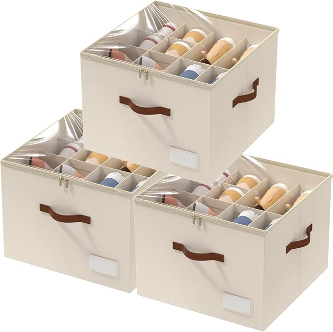 3 Pack Shoe Organizer for Closet, Foldable Shoe Storage Containers, Fits 24-48 Pairs, Shoe Storage Organizer Box Cubby Baskets Bins with Clear Cover and Reinforced Handles, Beige