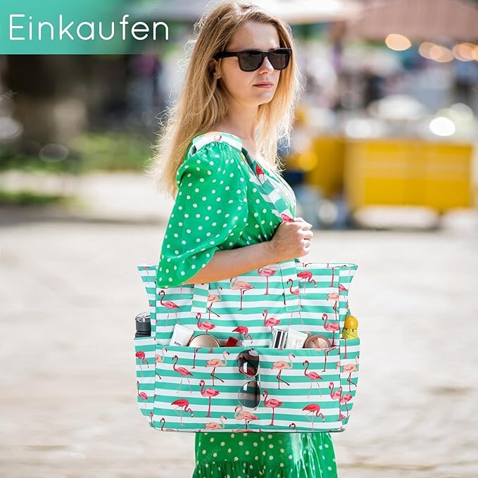 LEDAOU Large Beach Tote Bag Women Waterproof Sandproof Zipper Beach Tote Bag for Pool Gym Grocery Travel with Wet Pocket