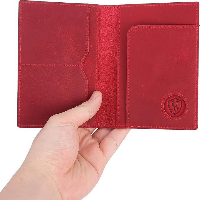 STAR VISTA Albatross Leather Travel Passport Holder, Minimalist Design, Full Grain Leather Case for Women and Men - Slim Passport Wallet, Bifold, RFID Blocking, with AirTag Holder, Crimson Red