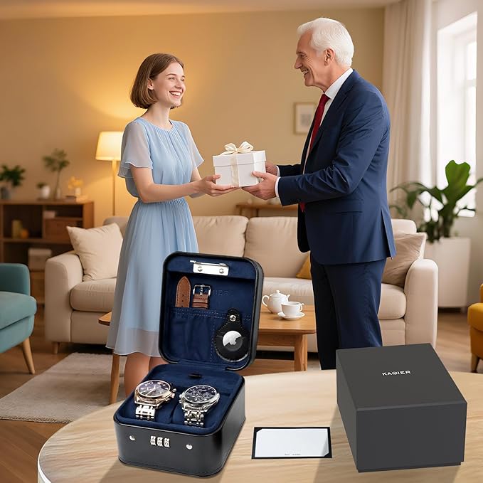 KAMIER Watch Travel Case with Combination Lock - 2 Watch Storage and Jewelry Organizer - Watch Case for Ring and Watch Storage, PU Leather Travel Watch Case, Ideal for Gift (With Gift Box) (Black)