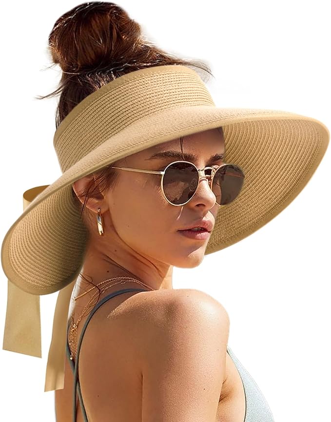Camptrace Sun Visors for Women Wide Brim Beach Hat Foldable Straw Visor Hat Ponytail Summer Packable UPF 50+