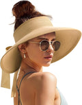 Camptrace Sun Visors for Women Wide Brim Beach Hat Foldable Straw Visor Hat Ponytail Summer Packable UPF 50+