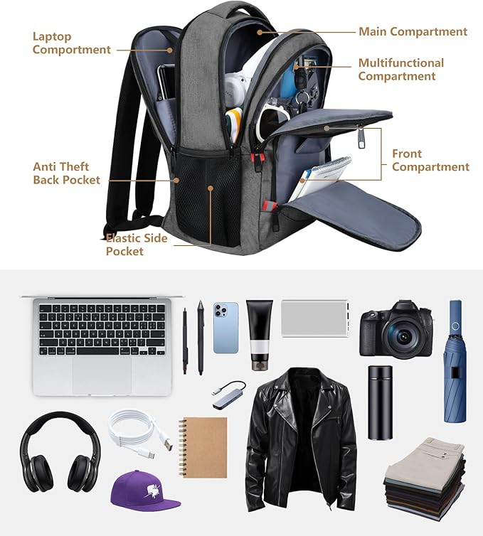 Backpack for Men Women, Travel School Backpacks for Teen Boys, Bookbag with USB Charging Port, Anti Theft College Students Backpack Fits 15.6 Inch Laptop, Casual Work Business Back Pack, Grey