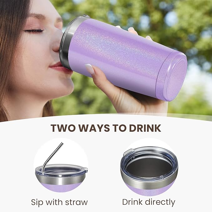 MEWAY 20oz Tumbler 4 Pack Double Wall Vacuum Insulated Travel Glitter Mug Bulk, Stainless Steel Tumblers with Lid and Straw, Powder Coated Coffee Cups for Woman(Rainbow Purple,Set of 4)
