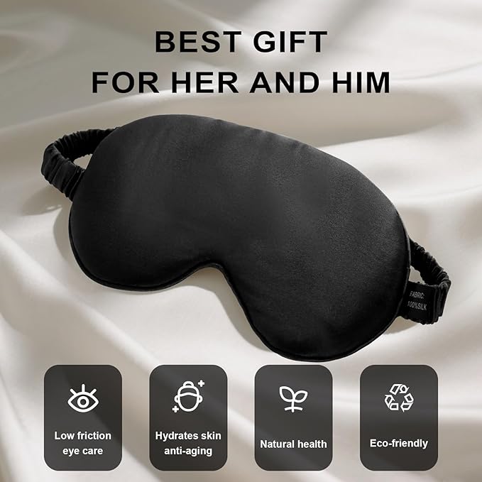 100% Mulberry Silk Sleep Mask, Ultra-Soft Light Blocking Eye Cover for Travel & Rest(Black)