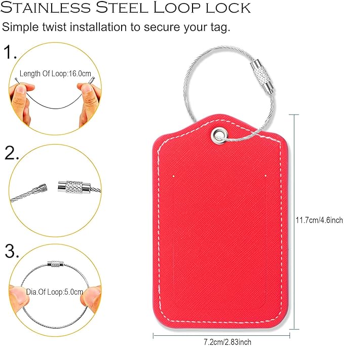 Luggage Tags for Suitcases-Leather Luggage Tag 4 Pack with Loops Cute Bag/Backpack/Suitcase Tags Travel Essentials for Flying (Red)