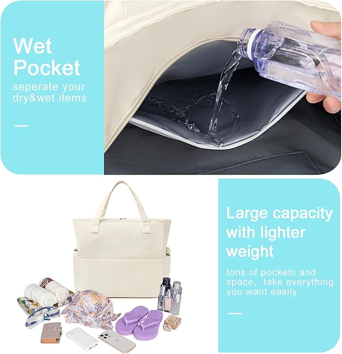 Waterproof Beach Tote Pool Bags for Women Ladies Extra Large Gym Tote Carry On Bag With Wet Compartment for Weekender Travel