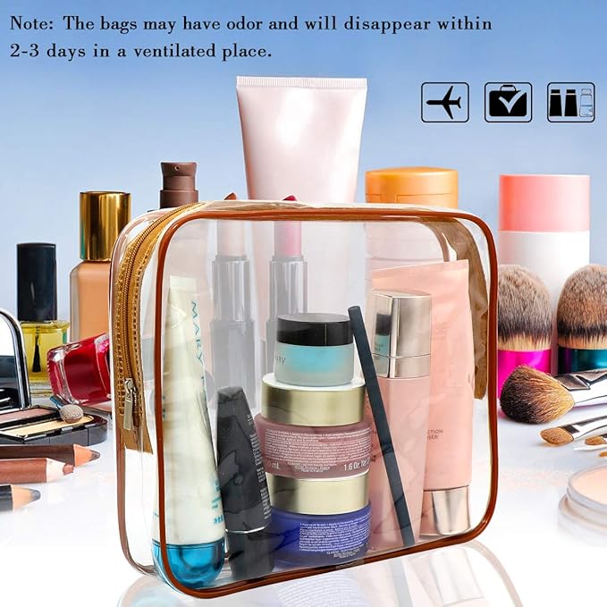 APREUTY Clear Makeup Bags, TSA Approved 6Pcs Cosmetic Makeup Bags Set Clear PVC w/Zipper Handle Portable Travel Luggage Pouch Airport Airline Bags Bathroom (Coffee)
