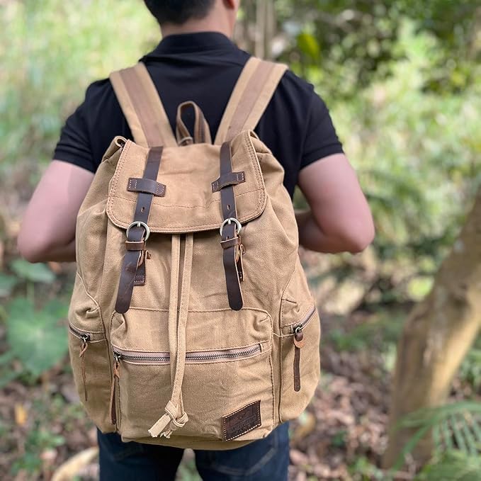 AUGUR High Capacity Canvas Vintage Backpack - for Hiking Travel 12-15.6" Laptop Backapcks for Men Casual Daypacks Rucksack(L-Khaki)