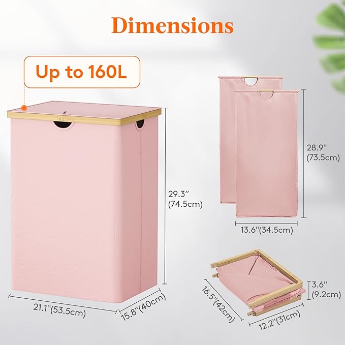 Lifewit 160L Double Laundry Hamper with Lid, Extra Large Bamboo Laundry Basket Dirty Clothes Hamper, 2 Section Laundry Bin Organizer for Laundry Room Bedroom with 2 Removable Liners & Bags, Pink
