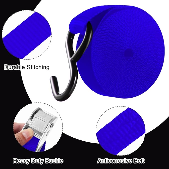 16 Pcs Cambuckle Tie Down Straps 1763lbs Break Strength Securing Straps 1'' x 15 ft Cambuckle Tie Downs with S Hook for Motorcycle, Kayak, Car, Truck, Boat Moving, Securing Cargo(Blue)