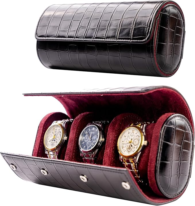 MR.OKAY 3 Watch Travel Case-Classic Leather Watch Case With Superb Texture. (Portable Watch Roll Or Organizer For Storage And Display).Festival Gift For Men, All Handcrafted By Artisans.