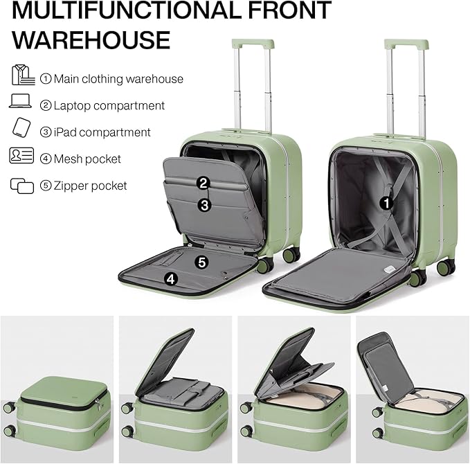 mixi Carry On Luggage, 18” Suitcase with Front Laptop Pocket, Travel Luggage Aluminum Frame PC Hardside with Spinner Wheels & TSA Lock and Cover (Not for Underseat), Avocado Green