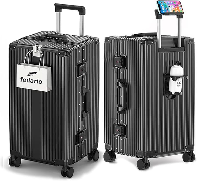 feilario 26in Super Large Captain Aluminum Frame Hardside Spinner Wheels Luggage, Zipperless Checked Suitcase with Cup Holder/Phone Holder